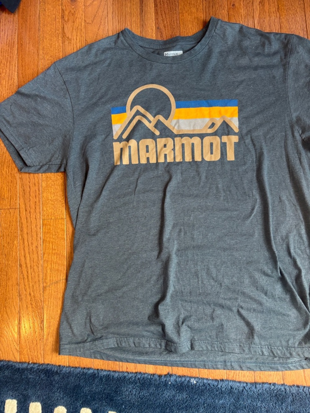 NWOT Marmot Charcoal Graphic Logo Tee with Blue and Yellow Stripes